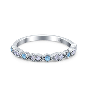 14K White Gold Half Eternity Wedding Band Art Deco Design Simulated Aquamarine CZ Ring